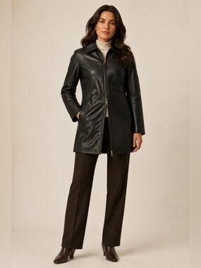 Y2K Danier Black Genuine Leather Car Coat Two-Way Zip